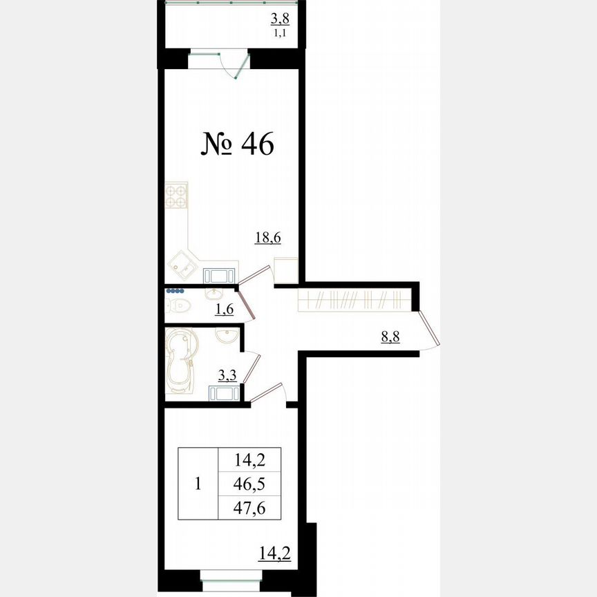 1-к. квартира, 47,6 м², 6/8 эт.