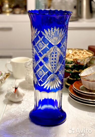 Ваза синий хрусталь h 35 см винтаж СССР