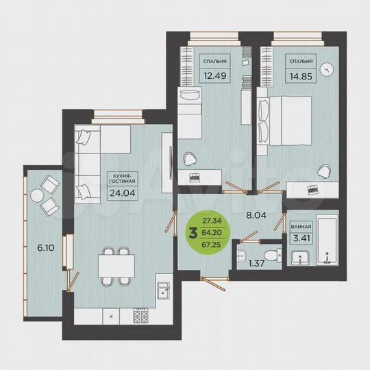 3-к. квартира, 67,3 м², 25/26 эт.