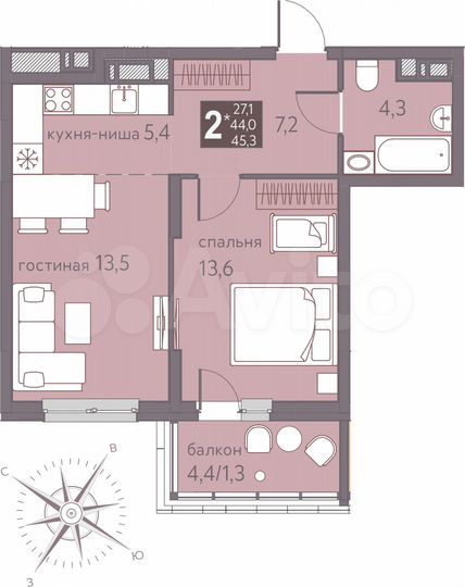 2-к. квартира, 45,3 м², 7/16 эт.