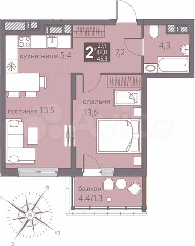 2-к. квартира, 45,3 м², 7/16 эт.