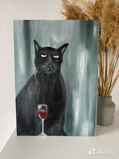 Картина кот с бокалом вина холст