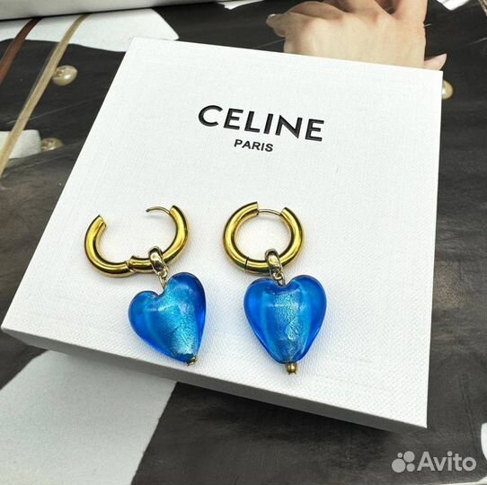 Серьги в стиле Celine голубое сердце