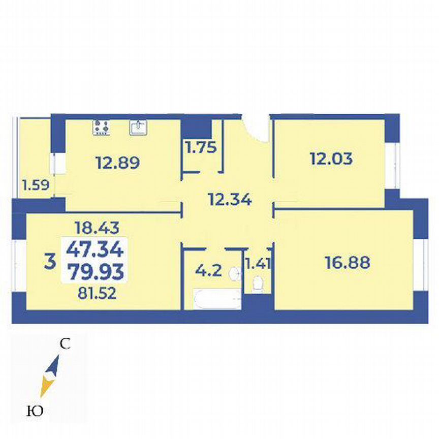 3-к. квартира, 81,5 м², 3/7 эт.
