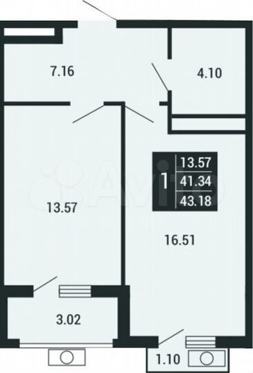 1-к. квартира, 43,2 м², 3/4 эт.
