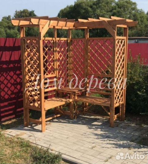 Пергола деревянная валовая с лавочкой навес цветы
