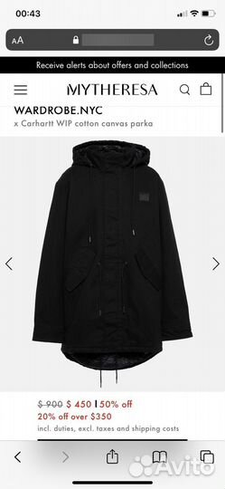 Wardrobe nyc x carhartt парка новая размер S