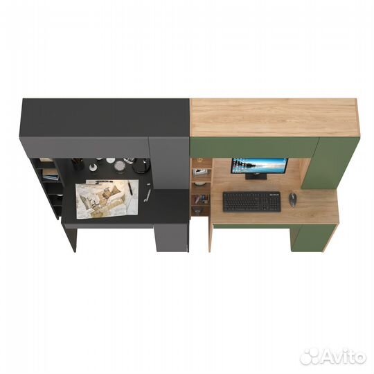 Два больших компьютерных стола Mobi Комфорт 12.71 цвет антрацит/серый/гикори/дым.зелёный