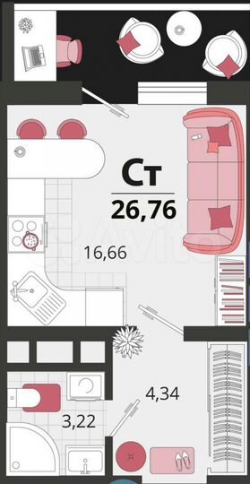 Квартира-студия, 26,8 м², 14/19 эт.