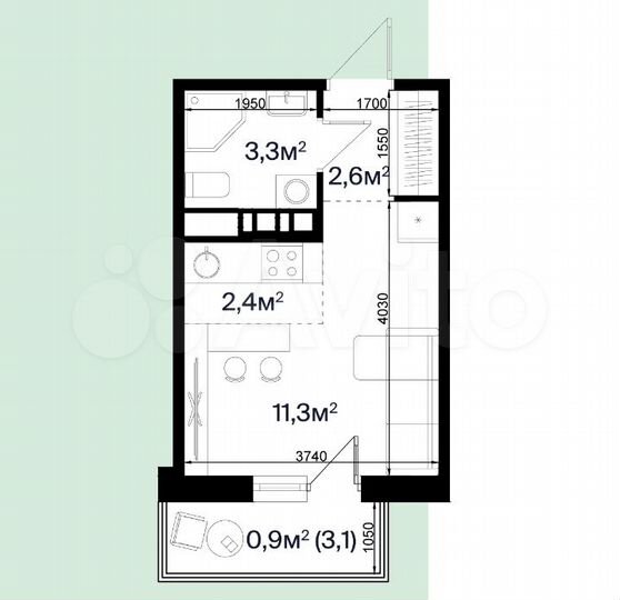 Квартира-студия, 20,5 м², 3/9 эт.