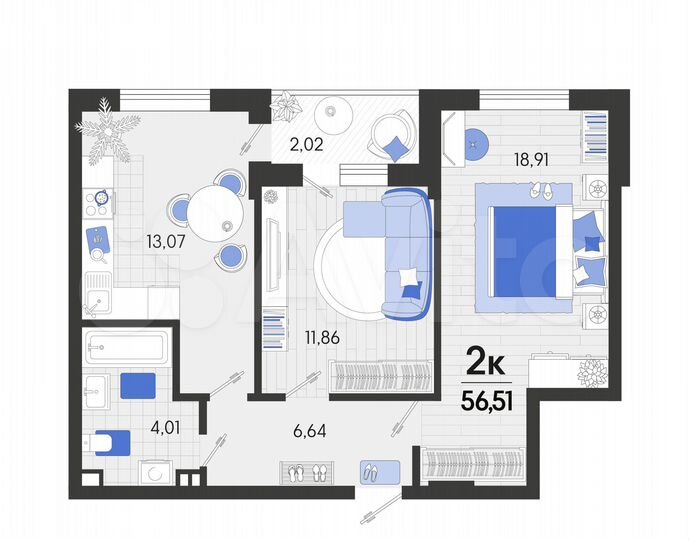 2-к. квартира, 56,5 м², 3/7 эт.
