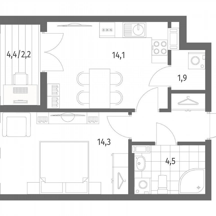 1-к. квартира, 40,9 м², 2/8 эт.