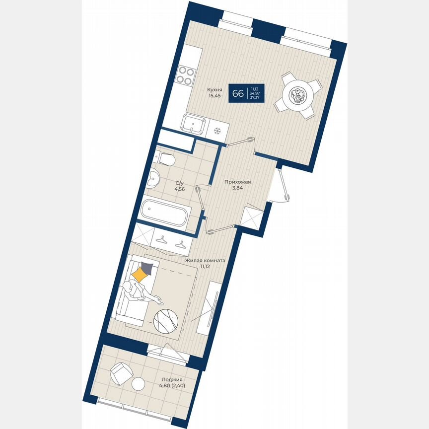 1-к. квартира, 37,4 м², 2/12 эт.