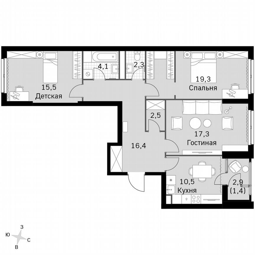 3-к. квартира, 89,3 м², 4/4 эт.