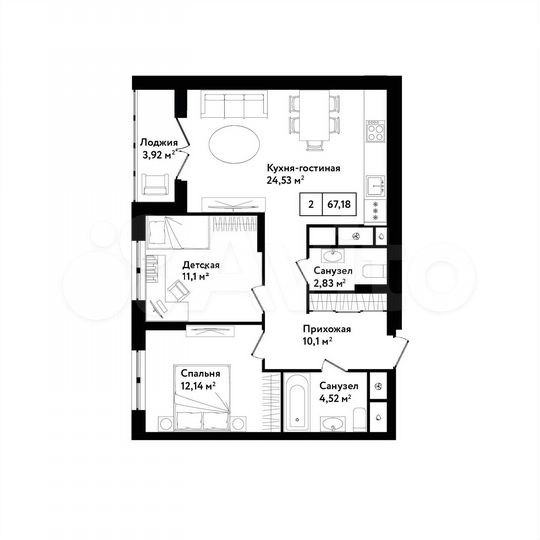 2-к. квартира, 67,2 м², 3/25 эт.