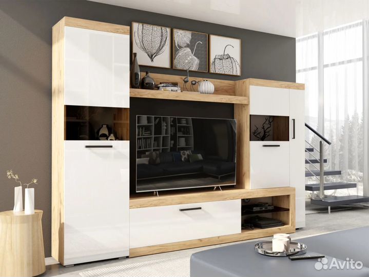 Гостиная бастон Дуб вотан-Белый глянец