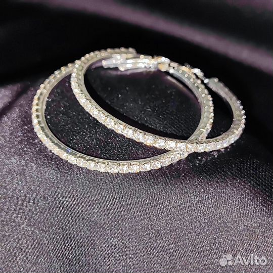 Серьги кольца с фианитами, диаметр 4,5 см