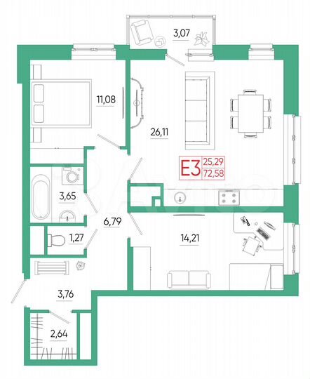 3-к. квартира, 72,6 м², 23/25 эт.