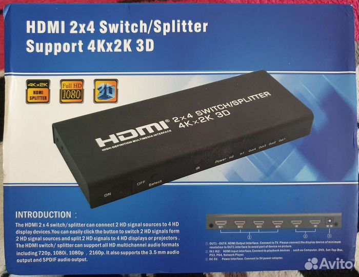 Разветвитель hdmi Splitter 2x4 (4K 3D)