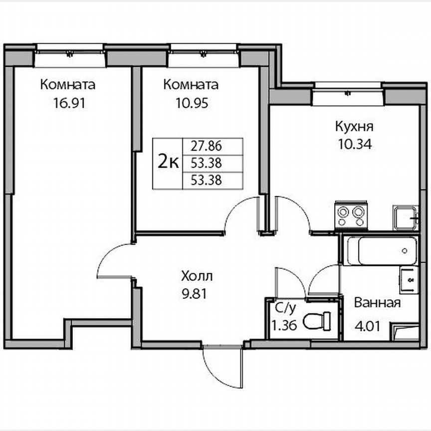 2-к. квартира, 53 м², 1/24 эт.