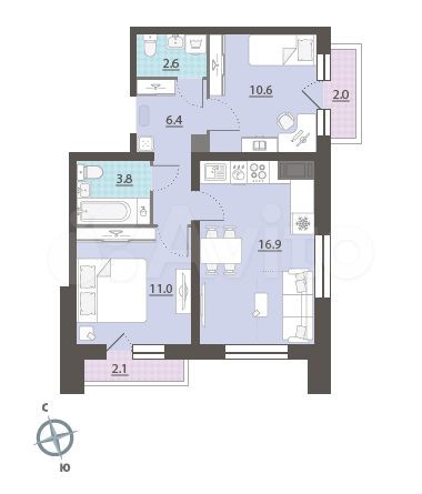 2-к. квартира, 53,3 м², 21/25 эт.