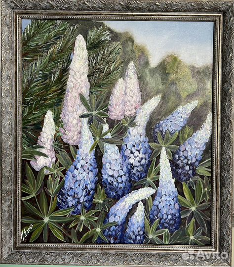 Картина маслом на холсте, цветы, 60*70, люпины