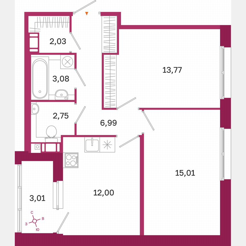 2-к. квартира, 57,1 м², 9/10 эт.