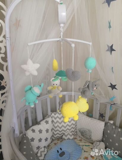 Кроватка круглая 7 в 1 с маятником серая