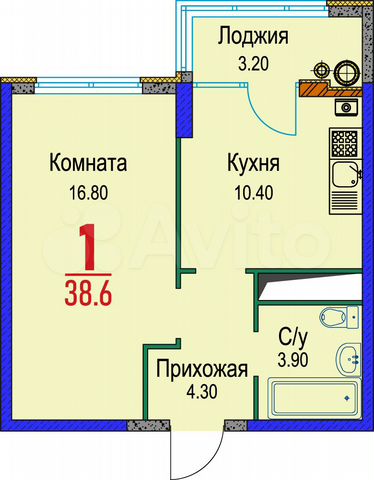 1-к. квартира, 38,6 м², 18/22 эт.