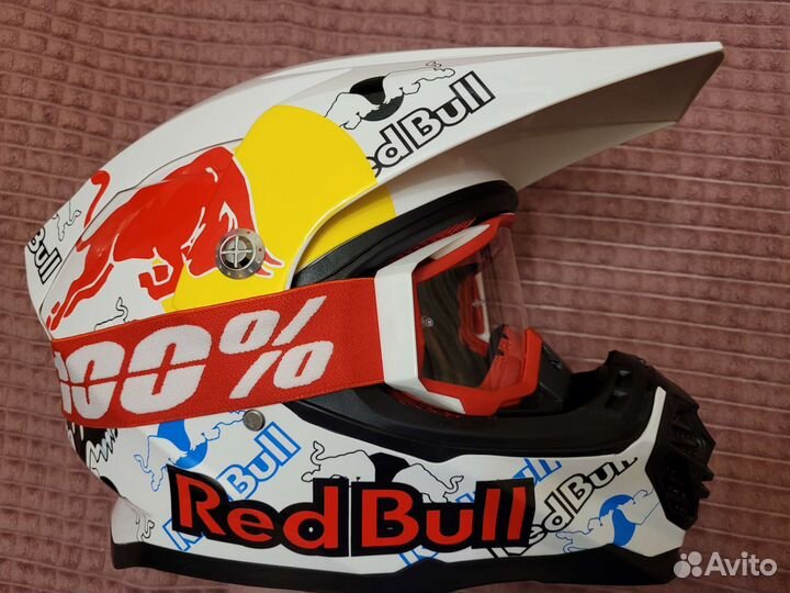 Мото Шлем с очками Кроссовый RedBull Новый Белый