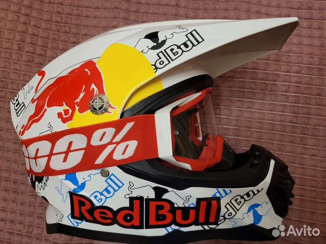 Мото Шлем с очками Кроссовый RedBull Новый Белый