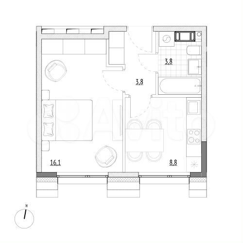 1-к. апартаменты, 32,5 м², 6/7 эт.