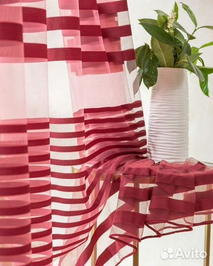 Тюль Полоска бордо готовый на окна пошив