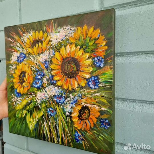 Цветы подсолнухи васильки картина маслом на холсте
