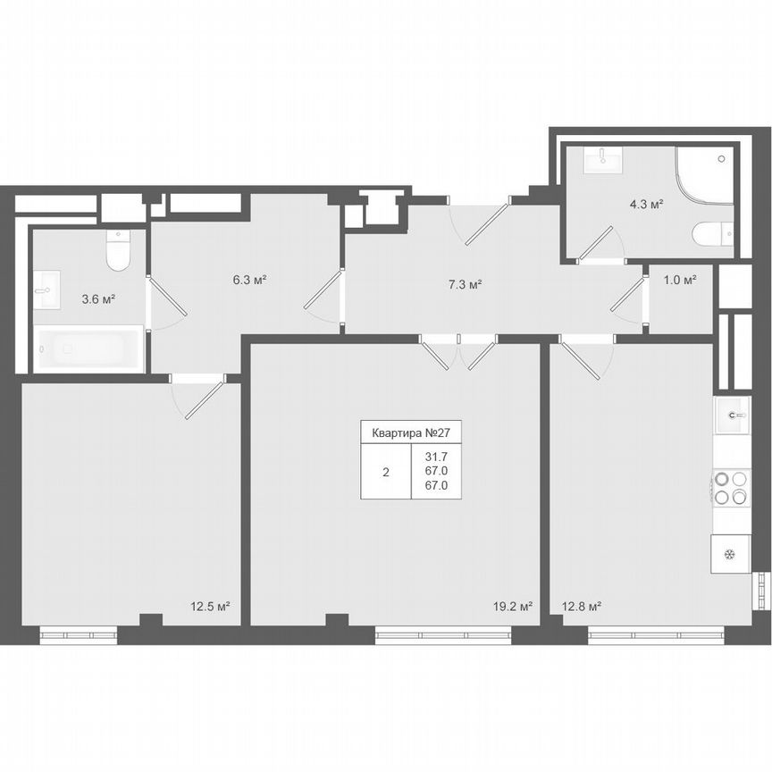 2-к. квартира, 67 м², 4/4 эт.