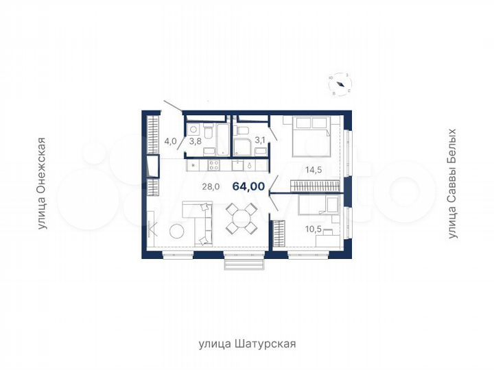 2-к. квартира, 64 м², 16/21 эт.