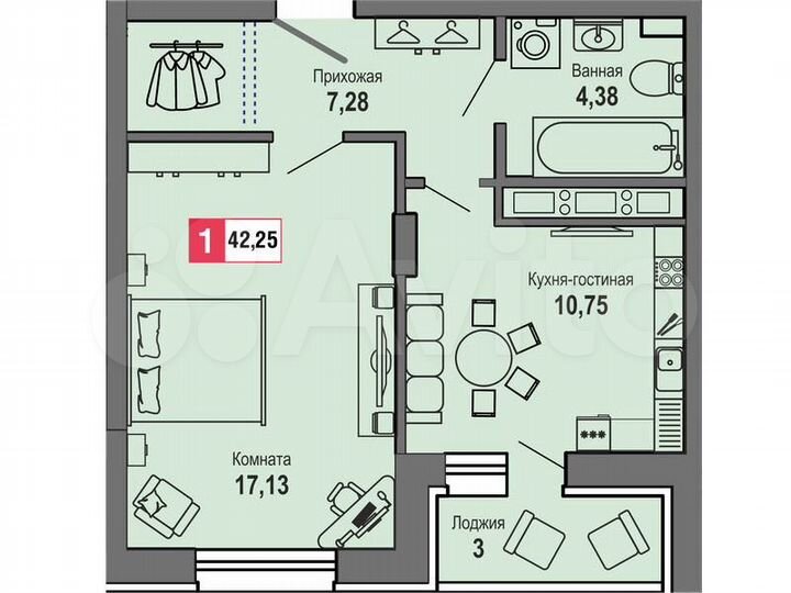 1-к. квартира, 42,6 м², 20/22 эт.
