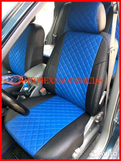 Чехлы Chevrolet Cruze из экокожи чёрно-синие Ромб