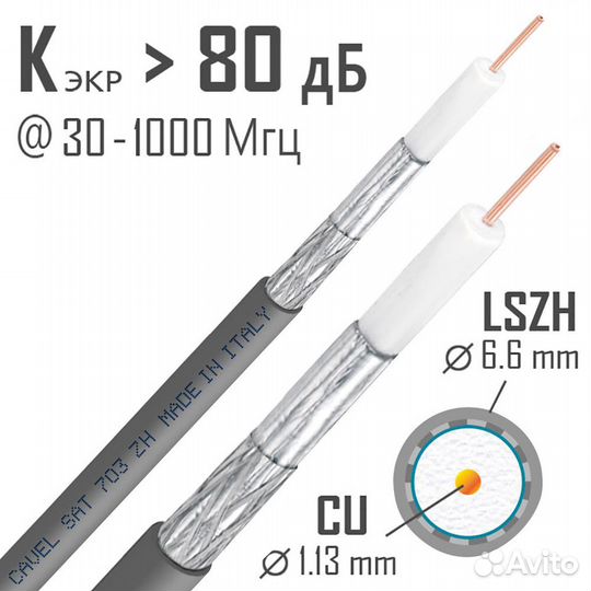 Кабель коаксиальный телевизионный SAT 703 ZH 1х1,13 мм экранированный Cavel (100 м)