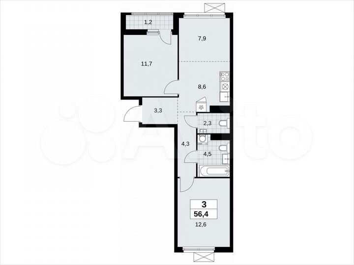 3-к. квартира, 56,4 м², 11/11 эт.