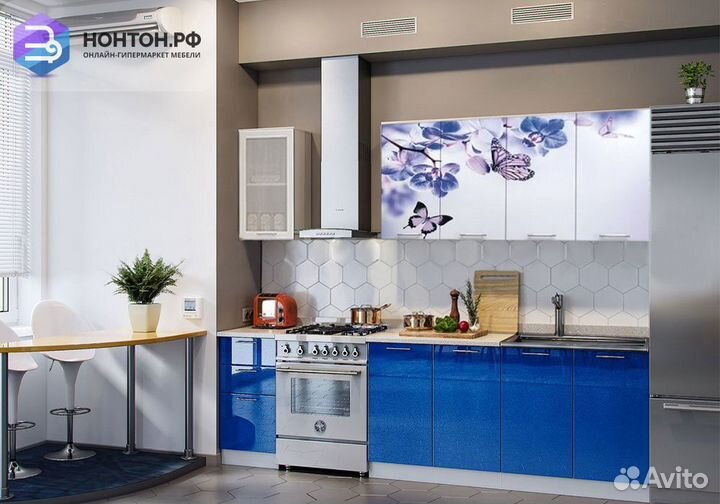 Кухня Бабочки 2.0 м белый шагрень / синий металлик