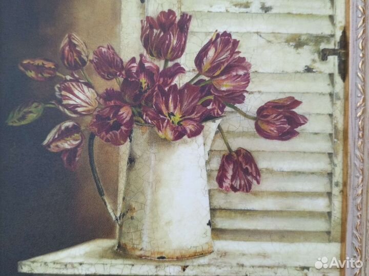 Картина Тюльпаны,декупаж, панно на срезе дерева