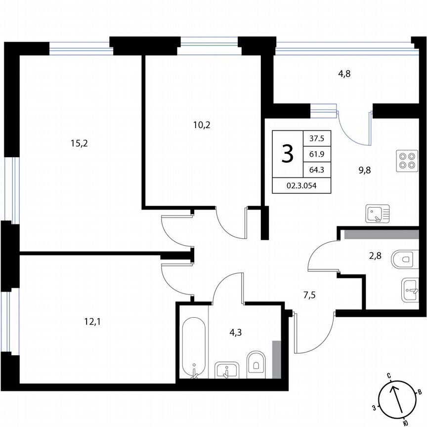 3-к. квартира, 64,3 м², 3/3 эт.