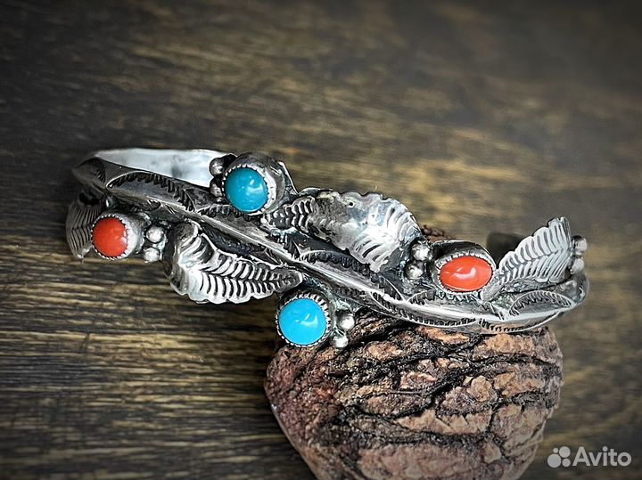 Браслет навахо серебро бирюза коралл коллекционный