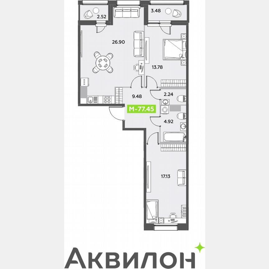 2-к. квартира, 77,5 м², 8/12 эт.