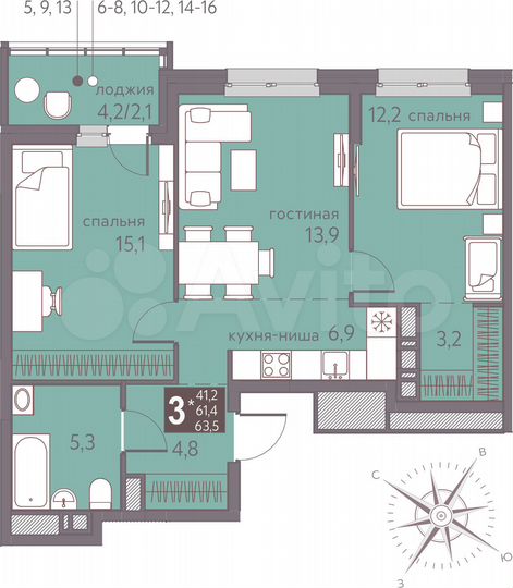 3-к. квартира, 63,5 м², 7/16 эт.