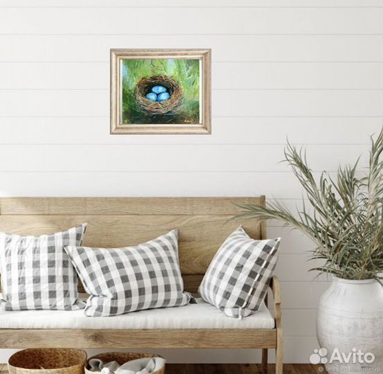 Картина маслом Яйца малиновки, Гнездо птицы