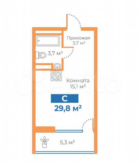 Квартира-студия, 29,8 м², 8/15 эт.