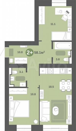 2-к. квартира, 58,1 м², 5/9 эт.