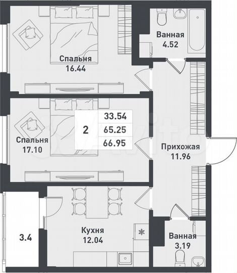 2-к. квартира, 67 м², 6/11 эт.